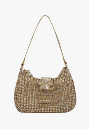 Gold- und silberfarbene Handtasche mit einer strukturierten, metallischen Webstruktur. Verfügt über eine abgerundete Form, einen glatten Griff und eine kleine Schleifenverzierung mit Schmucksteinen.