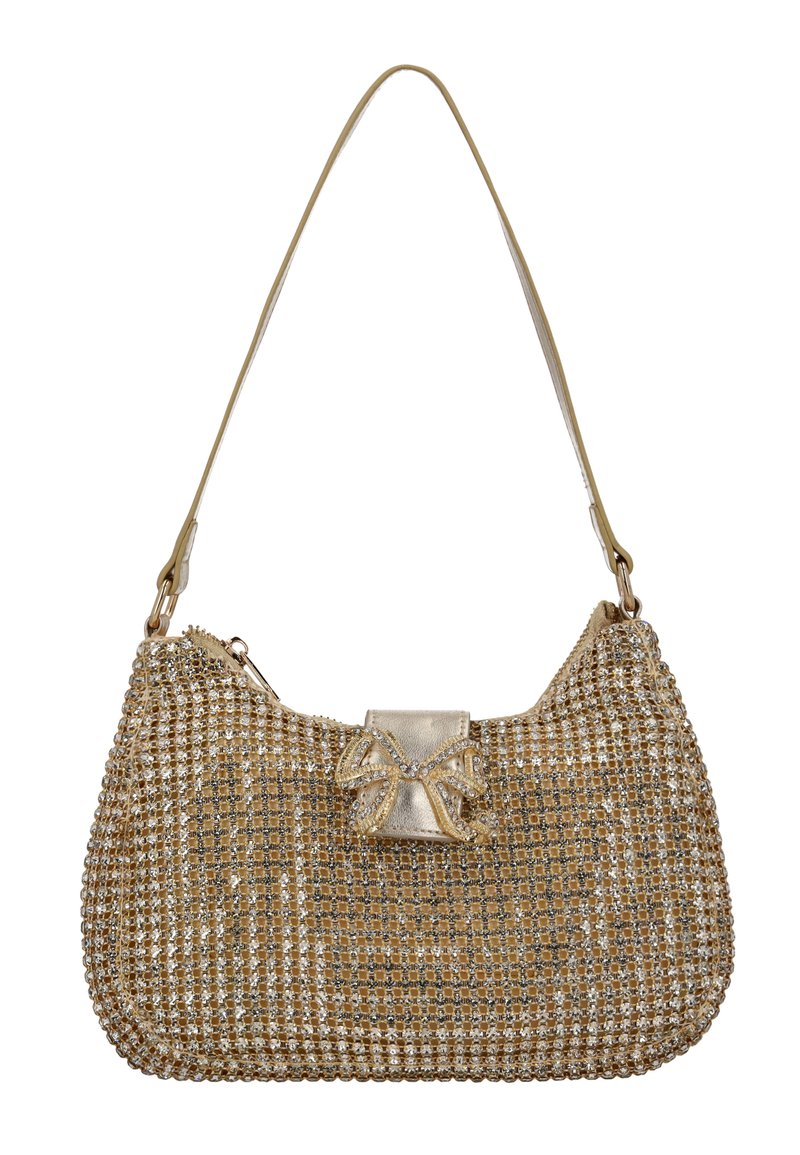 Borsa in oro e argento con una trama metallica testurizzata. Presenta una forma arrotondata, una maniglia liscia e un piccolo fiocco decorativo con abbellimenti.