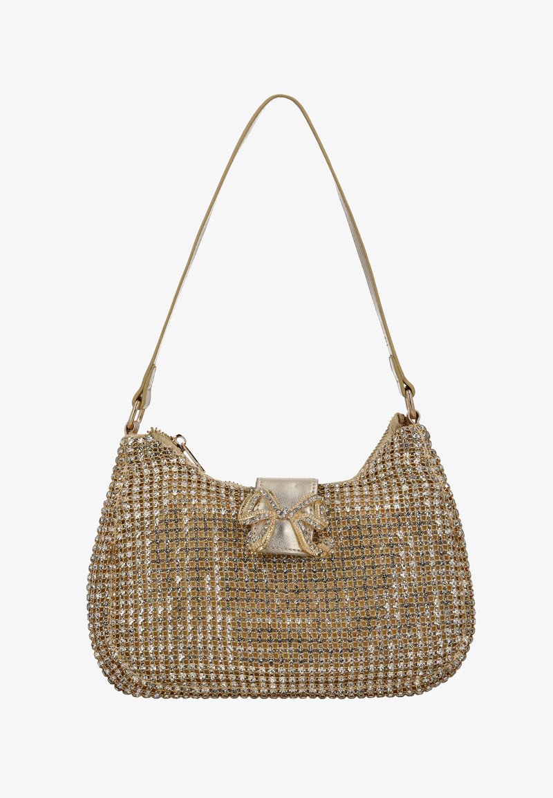 Borsa in oro e argento con una trama metallica testurizzata. Presenta una forma arrotondata, una maniglia liscia e un piccolo fiocco decorativo con abbellimenti.