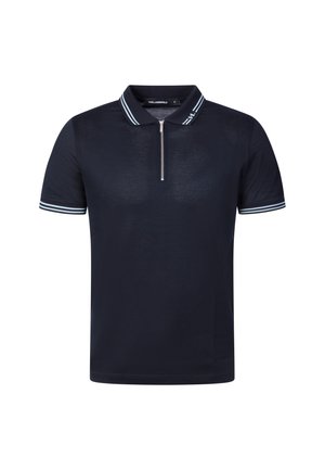 Marineblaues Polo mit kurzen Ärmeln, hellblau gestreiftem Kragen und Ärmelabschlüssen, halbzip vorne und dezentem Markendetail am Kragen.