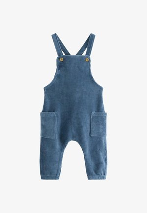 Blauwe corduroy baby tuinbroek met voorzakken en gekruiste schouderbanden, gefixeerd met knopen.