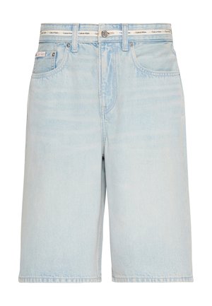 Pantaloncini di jeans azzurri chiari con tasche frontali e passanti per cintura, con fascia elastica bianca con scritta "Calvin Klein".