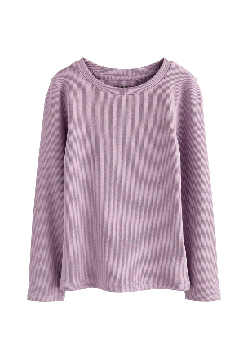 Chemise à manches longues en tricot côtelé lavande avec un col rond, présentée sur un fond blanc.