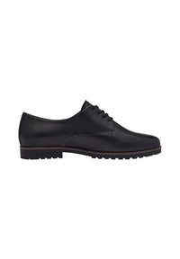 Chaussures en cuir noir avec une texture lisse, bout rond et un design à lacets. Présente une semelle en caoutchouc profilée avec un accent marron.