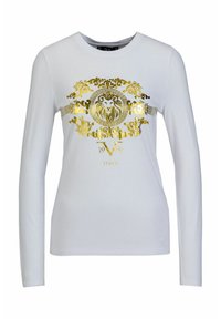 Langärmliges weißes T-Shirt mit einem goldenen L�öwendesign, kunstvollen Details und dem Text "1969 ITALIA", gefertigt aus weichem Baumwollmaterial.