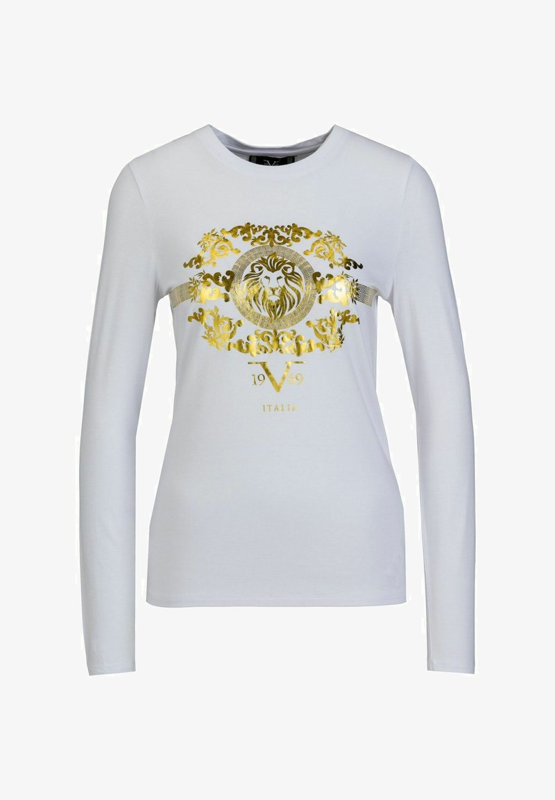 Langärmliges weißes T-Shirt mit einem goldenen Löwendesign, kunstvollen Details und dem Text "1969 ITALIA", gefertigt aus weichem Baumwollmaterial.