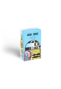 Star Wars-thema geschenkdoos met illustraties van R2-D2 en C-3PO. Heldere blauwe achtergrond, gedurfde zwarte en roze accenten, en een textuurdesign.