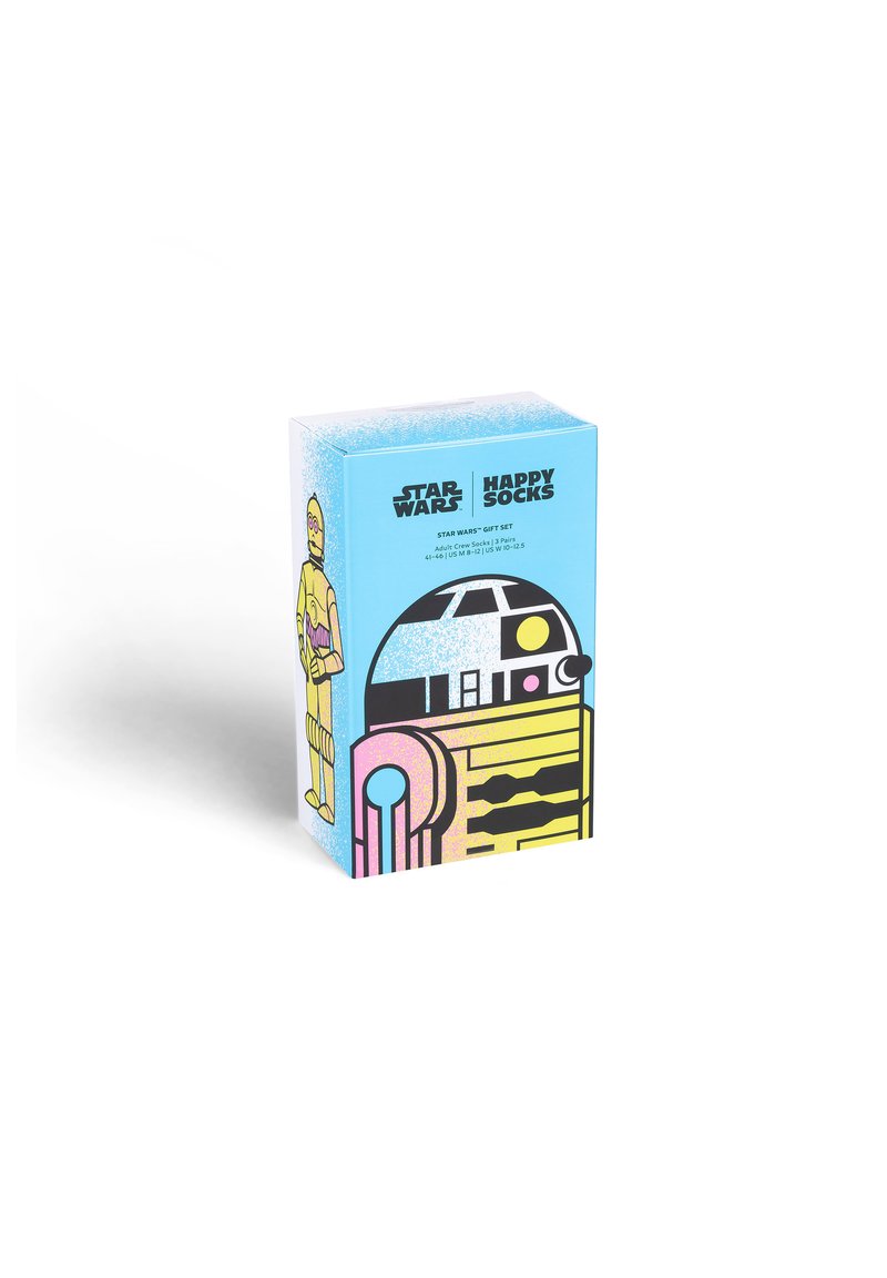 Star-Wars-Themen-Geschenkbox mit Illustrationen von R2-D2 und C-3PO. Heller blauer Hintergrund, kräftige schwarze und pinke Akzente sowie strukturierte Gestaltung.