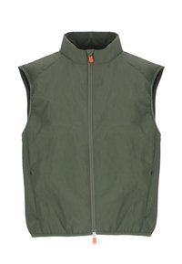 Gilet senza maniche verde oliva con alto colletto, chiusura frontale con zip, orlo elasticizzato e tasche laterali con zip. Tessuto liscio e leggero.