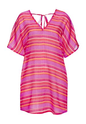 Durchscheinendes Überwurfkleid mit V-Ausschnitt, kurzen Kimono-Ärmeln und horizontalen Streifen in lebendigen Pink- und Orangetönen. Hinten zum Binden.