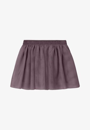 Jupe en tulle violet avec une taille élastique, présentant un design full et superposé ainsi qu'une texture légère.
