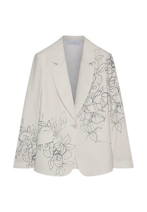 Off-white Blazer mit einem Knopf, Reverskragen, Pattentaschen und schwarzer floraler Linienzeichnung auf der rechten Schulter, dem Ärmel und im Bereich der linken Tasche.