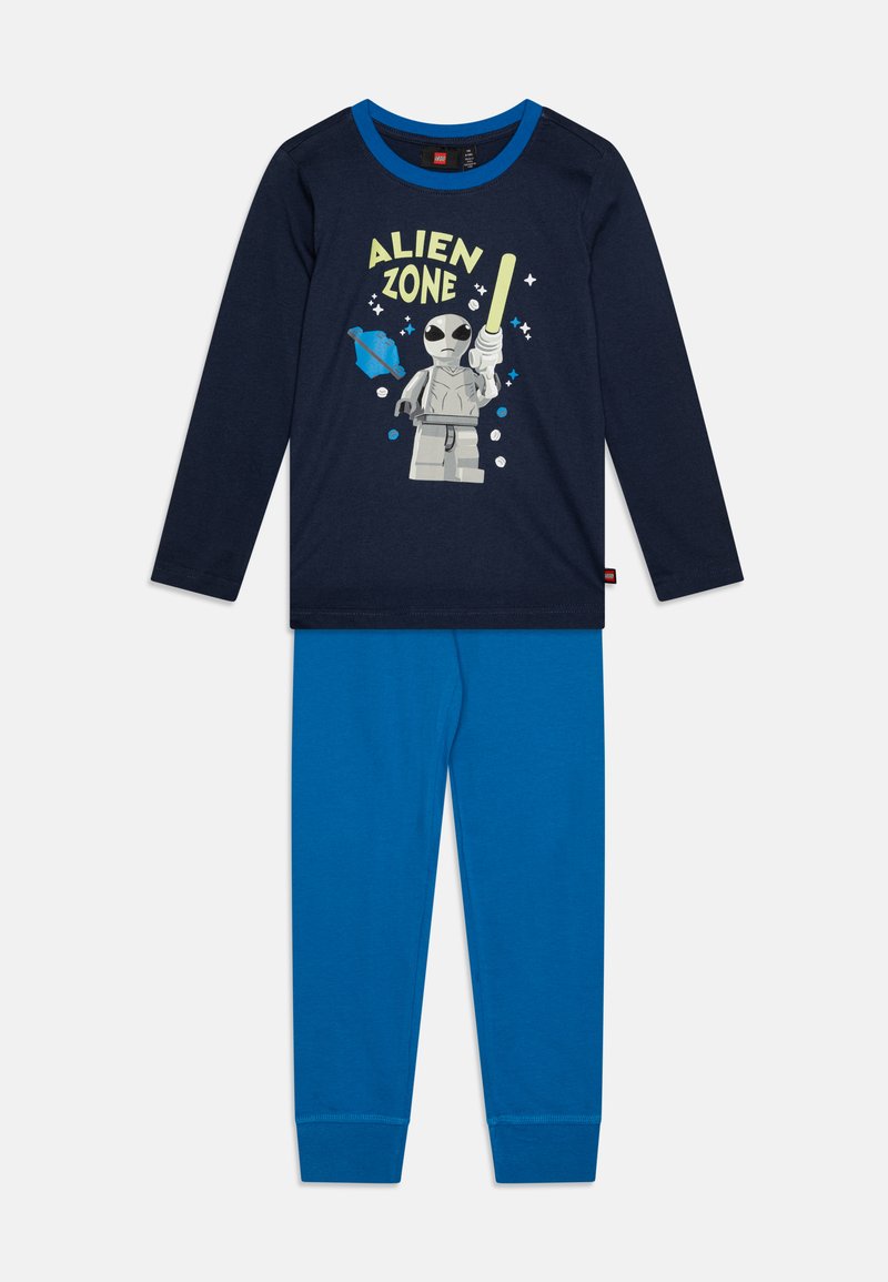 Nachthemd mit langen Ärmeln in Marineblau und "ALIEN ZONE" Grafik sowie blauen Schlafanzughosen. Hergestellt aus weichem Stoff und bietet eine bequeme Passform.