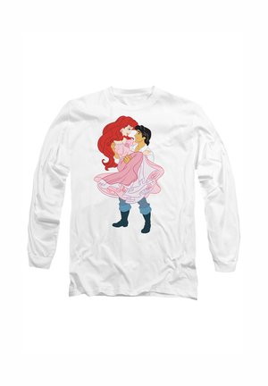 White long-sleeve shirt featuring a colorful cartoon design of a princess in a pink dress and a prince, set against a plain background.