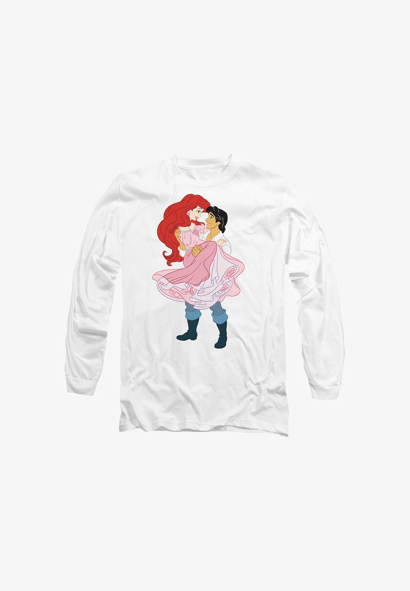 White long-sleeve shirt featuring a colorful cartoon design of a princess in a pink dress and a prince, set against a plain background.