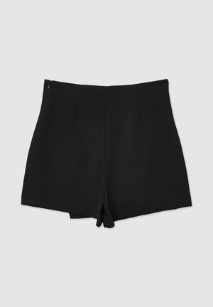 Schwarze Shorts aus glattem Stoff, mit einem hoch geschnittenen Design, zwei vorderen Falten und einem verdeckten Reißverschluss auf der Rückseite.