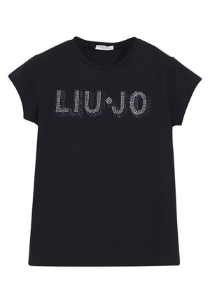 Czarny t-shirt z krótkim rękawem, okrągłym dekoltem i napisem "LIU•JO" wysadzanym małymi srebrnymi ćwiekami z przodu.