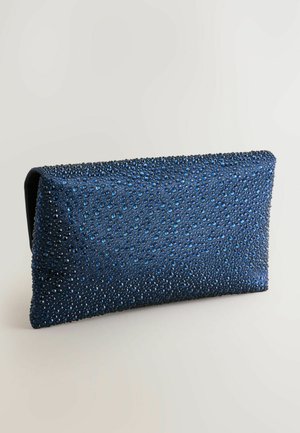 Blue clutch bag with textured surface featuring blue and silver rhinestones, rectangular shape, smooth fabric, and a flap closure.
