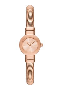 Roségold analog klocka med rund boett, minimalistisk urtavla och ett flexibelt, räfflat metallband för justerbar passform.