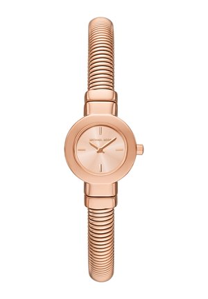 Roze gouden analoge gewenste met een ronde kast, minimalistische wijzerplaat en een flexibele, geribbelde metalen band voor een verstelbare pasvorm.