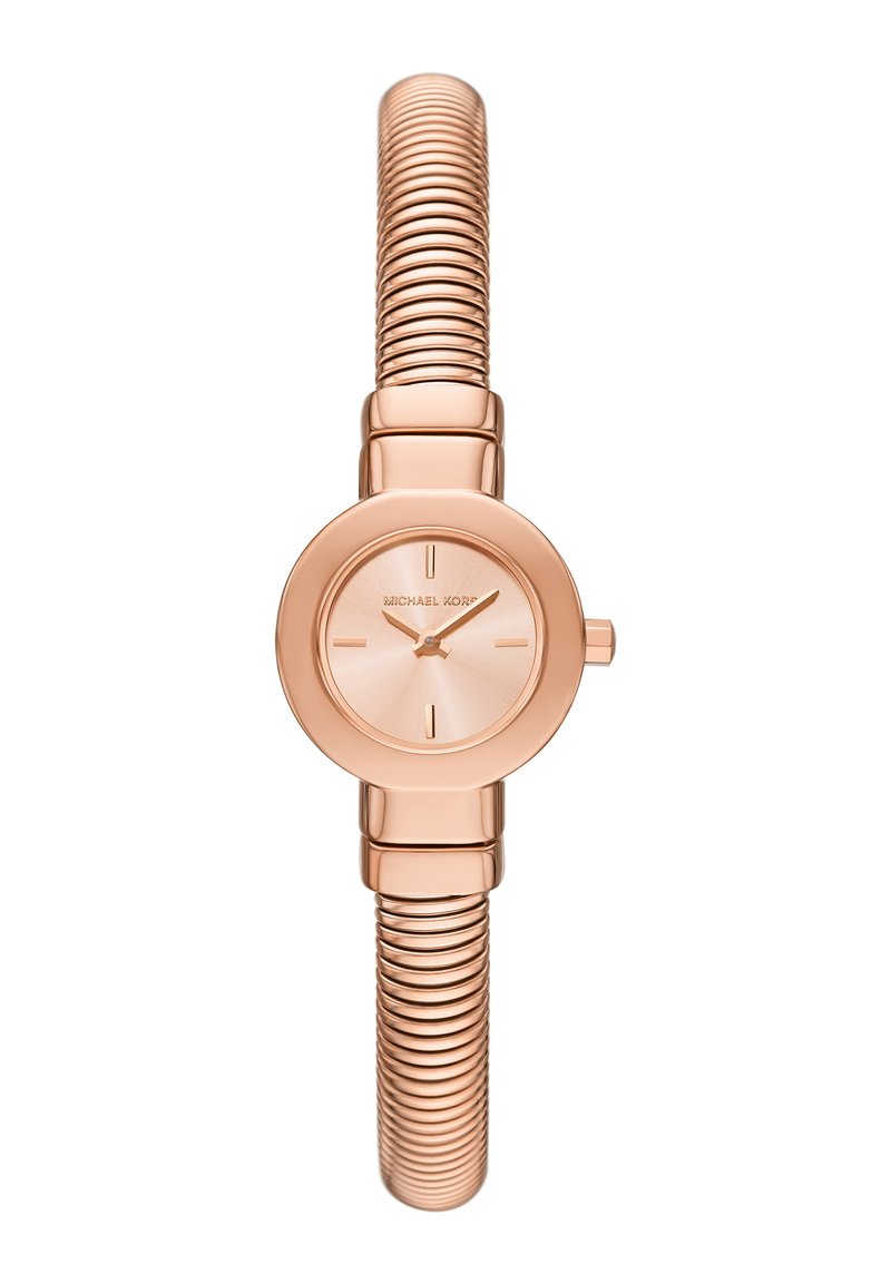 Roségold analog klocka med rund boett, minimalistisk urtavla och ett flexibelt, räfflat metallband för justerbar passform.