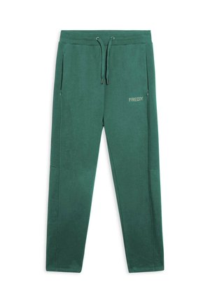 Jogging vert foncé en tissu doux, avec une taille élastique à cordons de serrage, des poches latérales et un petit logo "FREDDY".
