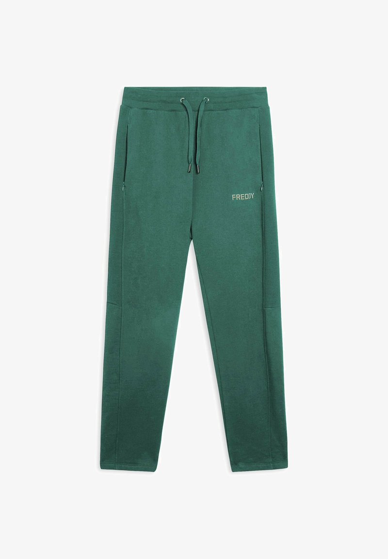 Pantaloni jogger verde scuro realizzati in tessuto morbido, con vita elasticizzata e cordini, tasche laterali e un piccolo logo "FREDDY".
