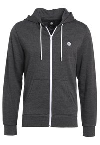 Sudadera con cremallera en color gris, fabricada con material suave. Presenta una cremallera blanca, cordones y un bolsillo frontal. Pequeño logo en el lado izquierdo del pecho.