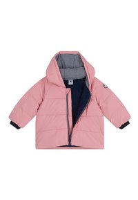 Giacca imbottita rosa con interno blu navy, cappuccio e fodera a righe. Presenta una chiusura con zip e polsini a costine.