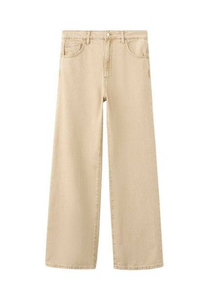 Béžové rifle s širokými nohavicami, predným zatváraním na gombík a zips, pútkami na opasok a prednými vreckami, zobrazené na bielom pozadí.