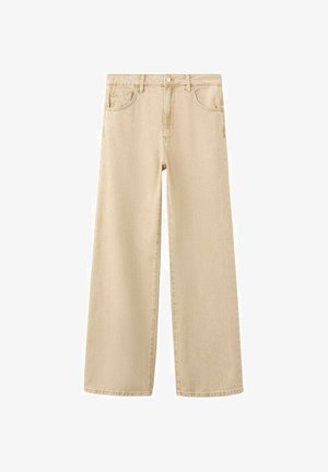 Jeans beige a gamba larga con chiusura frontale con bottone e zip, passanti per cintura e tasche frontali, esposti su sfondo bianco.