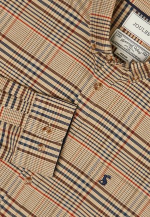 Brown and beige plaid shirt with blue and red accents, featuring a button-down collar and embroidered logo. Made from mercerized Oxford fabric.