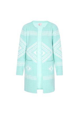 Türkiser Cardigan mit weißen geometrischen Mustern, ausgestattet mit langen Ärmeln, einem V-Ausschnitt, offenem Vorderteil und zwei vorderen Taschen. Weicher Stoff.