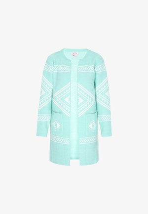 Cárdigan turquesa con patrones geométricos blancos, con mangas largas, escote en V, abertura frontal y dos bolsillos delanteros. Textura suave.