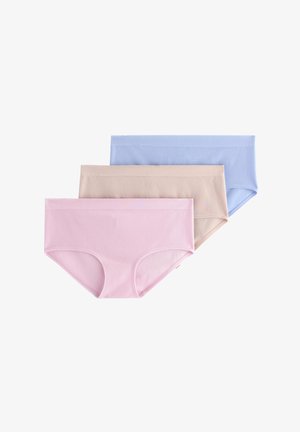 Three pairs of underwear in light pink, beige, and light blue, made of smooth cotton with a classic design and soft elastic waistbands.