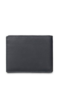 Portafoglio in pelle blu navy con texture liscia, design pieghevole a due ante e cuciture a contrasto. Presenta molteplici scomparti per carte e una forma compatta.