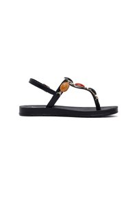 Sandali neri con suola piatta, dotati di pietre decorative in ambra, rosso e nero lungo il cinturino. Cinturino posteriore regolabile per una vestibilità ottimale.