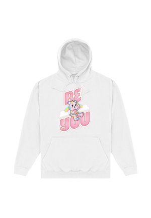 Weiße Kapuzenjacke mit einer Vorderasche. Das Design enthält einen Cartoon-Bär und den Text "SEI DU SELBST" in Rosa. Weicher, strukturierter Stoff, lässige Passform.