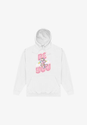 Biała bluza z kapturem z kieszenią z przodu. Projekt zawiera rysunkowego niedźwiedzia oraz tekst "Bądź sobą" w kolorze różowym. Miękka, strukturalna tkanina, luźny krój.