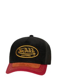 Melnas korduroja cepures ar sarkanu zamšādas vizuli. Ar dzeltenu izšūtu "Von Dutch CALIFORNIA" logo. Acs aizmugurē, lai nodrošinātu elpojamību.