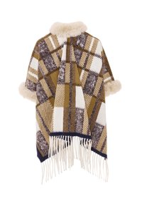 Karierter Poncho mit braunem, weißem und grauem Muster. Verfügt über einen Kragen aus Faux-Fur und einen fransigen Saum. Hergestellt aus einem strukturierten Stoff.