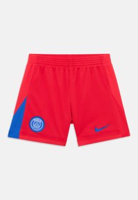Červené športové šortky vyrobené z ľahkej textílie s modrými bočnými akcentmi, elastický pás, s modrým logom Nike a emblémom Paríža.