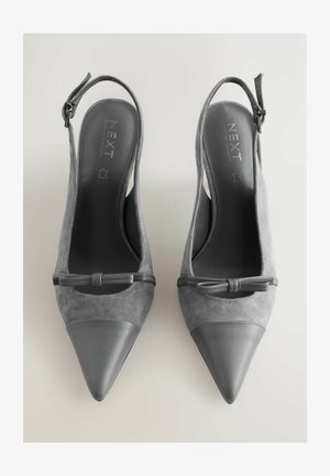 Pelēkas zamšādas papēžu kurpes ar siksniņu, ar smailiem purngaliem, ādas akcentiem, mazu loku un ērtu zolīti; elegants un minimālistisks dizains.