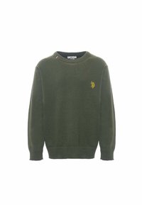 Maglione a maglia verde oliva con maniche lunghe, collo a giro, polsini e orlo a coste. Presenta un piccolo logo giallo sul davanti e un accento tricolore vicino al collo.