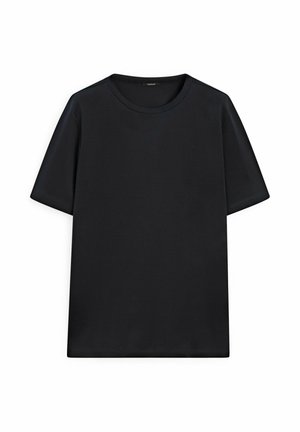 Černé tričko s krátkým rukávem z hladké, jednobarevné tkaniny s kulatým výstřihem a volným střihem, bez viditelných vzorů či akcentů.