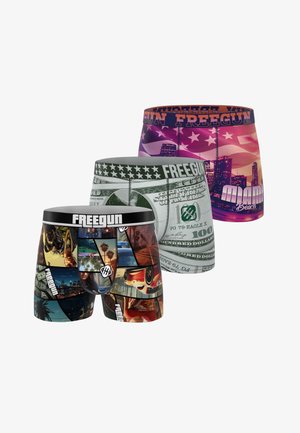 Trois paires de boxers pour hommes avec des imprimés audacieux : skyline de Miami, billet en dollars américains et collage de scènes urbaines et tropicales.