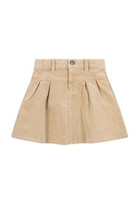 Falda de tergal beige con cintura ajustada, diseño plisado y cierre de botón en la parte delantera. Textura suave con trabillas para cinturón.