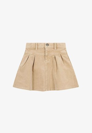 Jupe en velours côtelé beige avec une taille ajustée, un design plissé et une fermeture à boutons à l'avant. Texture lisse avec passants de ceinture.