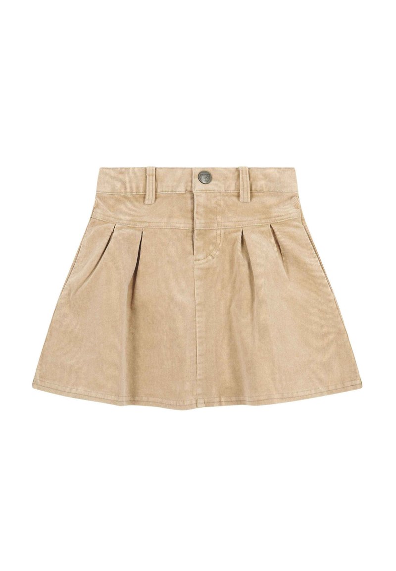 Falda de tergal beige con cintura ajustada, diseño plisado y cierre de botón en la parte delantera. Textura suave con trabillas para cinturón.