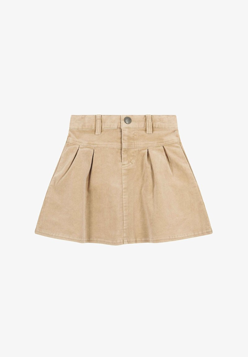 Gonna in corduroy beige con vita aderente, design plissettato e chiusura con bottoni sul davanti. Tessuto liscio con passanti per cintura.